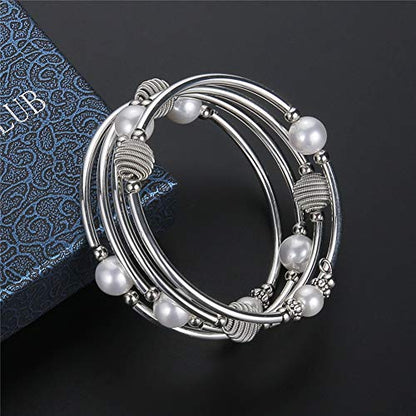 PEARL&CLUB Beaded Chakra Bangle Turquoise Bracelet - Fashion Jewelry Wrap Bracelet with Thick Silver Metal and Mala Beads, Birthday Gifts For Women - color: 63-White Shell Pearl