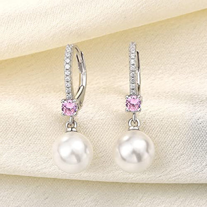 JO WISDOM 925 Sterling Silver Freshwater Pearl Hoop Earrings with Dangle Real Pearl,Simulated Pearls - color: B-8mm white pearl,Tourmaline color