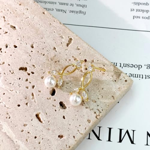 Pearl Earrings for Women 14k Gold/Silver Pearl Drop Earrings Long White Pearl Tassel Dangle Statement Earrings Bridal Wedding Dainty Prom Earrings Birthday Gifts Jewelry - color: Gold CZ Pearl Earrings