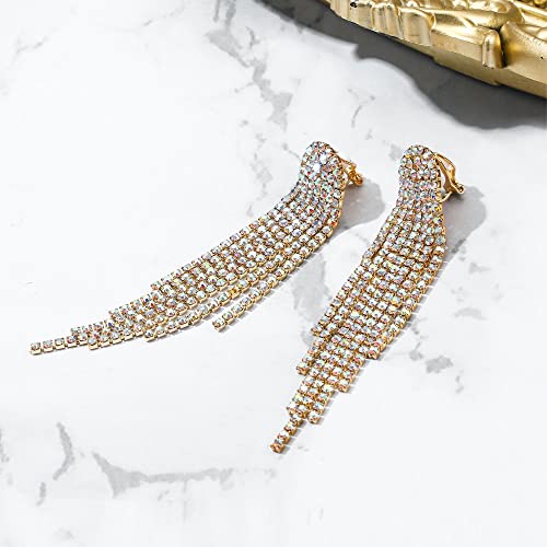 Clip-on Earrings Rhinestone Dangling for Women Fashion Long Chandelier Sparkle Crystal Tassel Dangle Drop Earring - color: Iredescent AB Gold-Tone