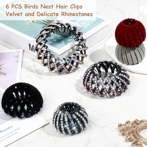DI QIU REN 6 Pcs Expandable Bird Nest Clips Secure Ponytails and Hair Buns | Flexible Spiral Design, Sparkling Accent Detail, Lightweight Hold, Quick Styling for Thick, Thin, Curly, Straight Textures - color: Color-Velvet & Rhinestones