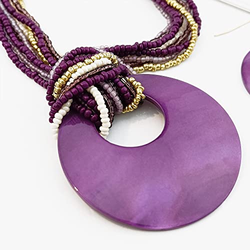 Coiris Multi Strand Statement Colorful Beaded Necklace with Big Circle Shell Pendant for Women - color: Purple