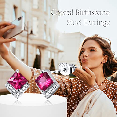 Birthstone Stud Earrings Sterling Silver Square Created Crystal Earrings Cubic Zirconia Hypoallergenic Piercing Jewelry Small Gifts for Women Mothers - color: Jul-Ruby
