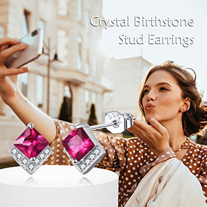 Birthstone Stud Earrings Sterling Silver Square Created Crystal Earrings Cubic Zirconia Hypoallergenic Piercing Jewelry Small Gifts for Women Mothers - color: Jul-Ruby