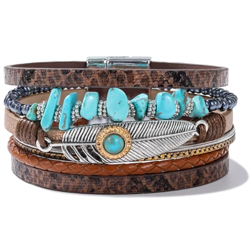Western Turquoise Leather Cuff Bracelets Boho Feather Cowgirl Jewelry | Stackable Country Hippie Wrap Bangle Set Magnetic Clasp Chunky Beaded Stone Bohemian Statement Outfits for Women Trendy - color: Brown