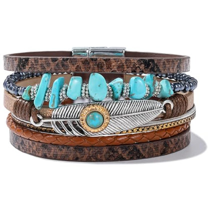 Western Turquoise Leather Cuff Bracelets Boho Feather Cowgirl Jewelry | Stackable Country Hippie Wrap Bangle Set Magnetic Clasp Chunky Beaded Stone Bohemian Statement Outfits for Women Trendy - color: Brown