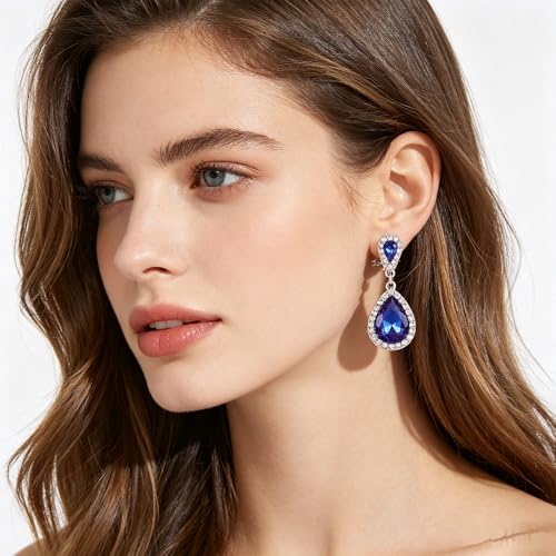 Classic Austrian Crystal Tear Drop Clip on Dangle Earrings for Women - color: Blue,Silver
