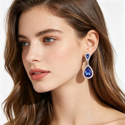 Classic Austrian Crystal Tear Drop Clip on Dangle Earrings for Women - color: Blue,Silver