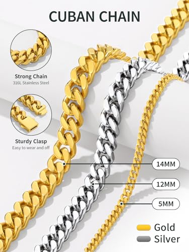 FindChic Cuban Link Chain Necklace for Women Men, Silver/Gold Plated Stainless Steel Solid Miami Curb Chain Hip Hop Punk Statement Jewelry, 5/12/14mm Width, 16/18/20 Inch Length, with Gift Box - color: 04. 12mm-Gold, size: 18inches