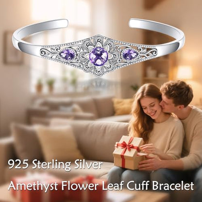 Genuine Amethyst Cuff Bracelet, 925 Sterling Silver Vintage Filigree Engraved Open Bangle Purple Gemstone Boho Jewelry February Birthstone Gift for Women - style: Style A