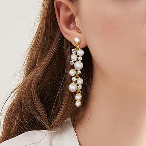 Clip On Earrings Simulated Pearl Wedding Bridal Dangling Dangle Clip Earrings for Women Non-pierced - color: Gold