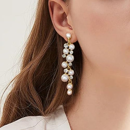 Clip On Earrings Simulated Pearl Wedding Bridal Dangling Dangle Clip Earrings for Women Non-pierced - color: Gold