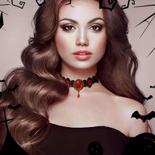 CSIYANJRY99 Gothic Choker Necklace for Women Halloween Red Crystal Vampire Choker Steampunk Lace Choker Witch Costume Accessories - style: Red
