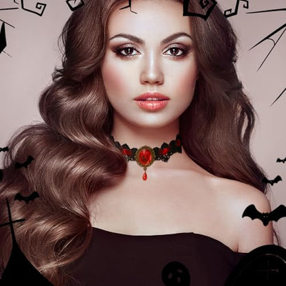 CSIYANJRY99 Gothic Choker Necklace for Women Halloween Red Crystal Vampire Choker Steampunk Lace Choker Witch Costume Accessories - style: Red