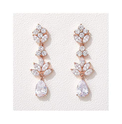 SWEETV Teardrop Wedding Earrings for Brides Birdesmaid | Crystal Cubic Zirconia Bridal Drop Earrings for Women Prom - color: Rose Gold