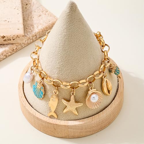 Gold Ocean Beach Charm Anklet for Women Boho Starfish Seashell Pearl Fish Pendant Adjustable Ankle Bracelet Summer Beach Vacation Jewelry Gift