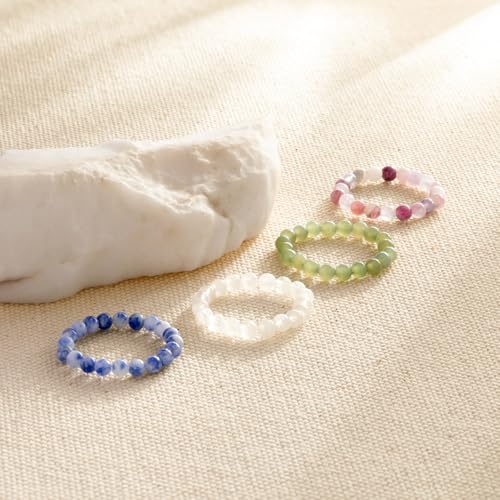 NLIEO Handmade Natural Gemstone Crystal Beaded Stretch Band Ring for Women | Handmade, 3mm Natural Stone, Size 7-12, Stretchy, Beaded Jewelry, Green Bead Rings, Trendy Jewelry Gift - style: Green Jade