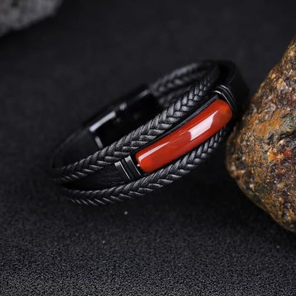 Mens Black Leather Obsidian/Turquoise/Tiger Eye/Red Agate Bracelet–Braided Multi‑Layer Wristband Cuff Bangle Bracelet with Stainless Steel Clasp Gift Jewelry Box Included - color: Red Agate, size: 9in(Fits larger wrists)
