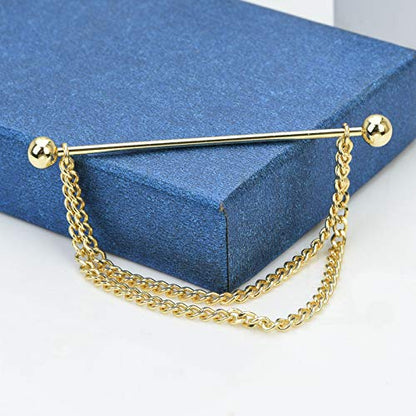 Men's Gold Plated Brass Collar Bar with Double Hanging Chain Tassel Shirt Tie Bar Collar Brooch - color: Gold Ball Head