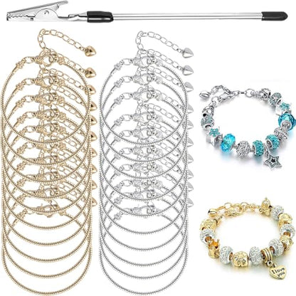 20 Pcs Snake Chain Charm Bracelet Chains with Bracelet Helper 3mm Adjustable Snake Charm Bracelet with Heart Lobster Clasp Extender Chain DIY Bracelet Chains for Women Gifts Jewelry Making Supplies - color: 20Pcs 6.3 Inch Gold Sliver Bracelet