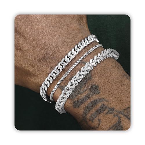 DAYANEY Mens Bracelet Silver and Gold Bracelet for Men Rakhi for Brother | Stainless Steel Cuban Chain Bracelet Set, Adjustable Bracelet for Men Jewelry Gifts for Boyfriend, Dad and Son - color: Silver Cuban, Box & Franco, size: 7.1+1.2inches