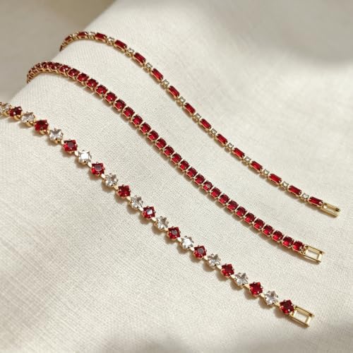 3Pcs Women Stackable 14K Gold Plated Tennis Bracelet with Colorful CZ | Dainty Classic Everyday Jewelry 14K Gold Plated Colorful Cubic Zirconia Tennis Bracelet Created Diamond for Wedding 7 inches - color: gold red
