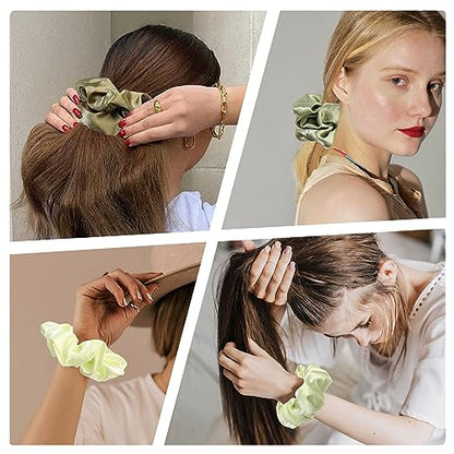 Ivyu Scrunchies for Women's Thick Curly Hair, Satin Hair Scrunchies for Girls, Big Cute Ponytail Holders, No Crease No Damage, 4 Pieces, Green - color: Green