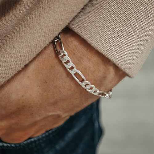 ⅓inch(8mm) White Gold Figaro Chain Bracelets for Men,Luxury Mens Bracelet,High-end Silver Chain Bracelets for Women,Hypoallergenic Durable Stacking Bracelet Gift for Boyfriend,Dad,Grilfriend 7.5-9IN - size: 7.5IN
