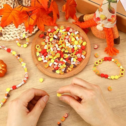 Fall Polymer Clay Beads for Thanksgiving Jewelry Bracelet Making | 8mm Autumn Polymer Clay, Ideal for Holiday Crafts, DIY Thanksgiving Festive Jewelry, 300Pcs Maple Leaf Pumpkin Turkey Shapes - color: Autumn Color