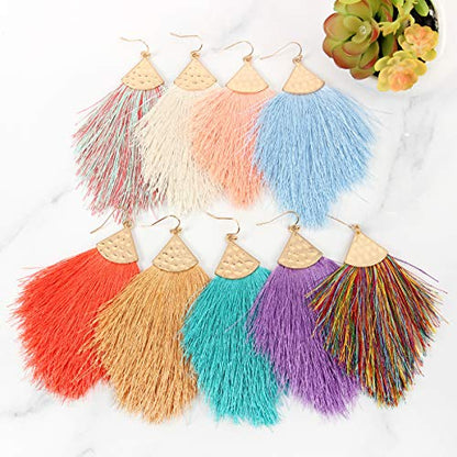 Bohemian Silky Thread Fan Fringe Tassel Statement Earrings - Lightweight Strand Feather Shape Dangles - color: Feather Fringe - Aqua Blue