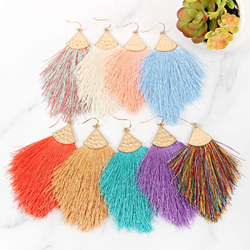 Bohemian Silky Thread Fan Fringe Tassel Statement Earrings - Lightweight Strand Feather Shape Dangles - color: Feather Fringe - Dusty Purple