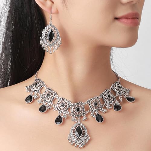 Frodete Indian Jewelry Sets for Women Traditional Bohemian Wedding Jewelry Set Indian Dresses for Women Oxidized Ethnic Party Prom Wear - color: D4:SILVER BLACK