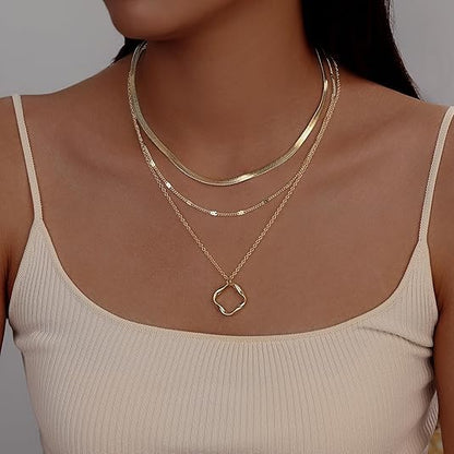 Evabelle Gold Layered Necklace for Women Trendy Jewelry 14K Real Gold Plated Chunky Chain Stackable Necklaces Dainty Choker Necklaces Rectangle Square Pendant - color: Gold Necklace 28