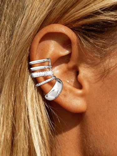 Ear Cuffs Non Piercing Hypoallergenic Gold Plated Ear Cuff Earrings for Women Trendy Clip On Cartilage Earring Set Dainty Adjustable Fake Piercings Earrings Fashion Accessories - color: F:3pcs silver ear cuff