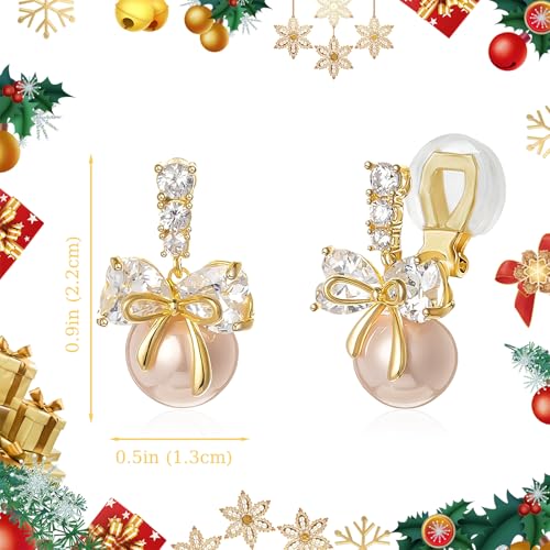YOQUCOL Golden Bow Clip On Stub,Danle Drop Earrings for Women Simulated Pearl Christmas Xmas Bowknot Non Pierced Earrings - color: Dangle Clip-02