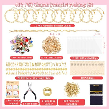 Wurosi 413Pcs Gold Charm Paperclip Charm Bracelet Making Kit for Beginner | Including Paperclip Chain Bracelets, Charms, Jump Rings, Gift Bags, Pliers for Crafts Beginner Supplies Gift - color: 413 Pcs Gold Bracelet