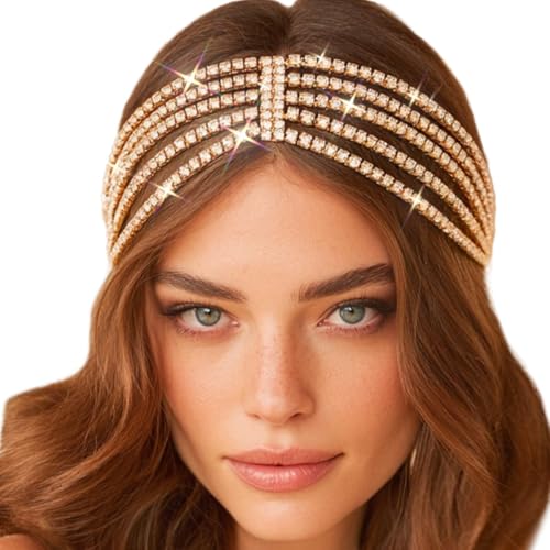Jeairts Rhinestone Head Chain Forehead Bridal Headband Elastic Crystal Hair Band Halloween Prom Hair Jewelry for Women - color: 2-Gold