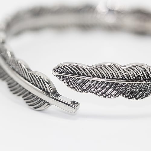 Innocence S925 Silver-Plated Antique Wide Feather Cuff Bracelet For Men Women Adjustable Retro Twisted Feathers Bracelets Gift Jewelry - color: Feather B