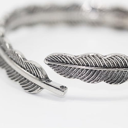 Innocence S925 Silver-Plated Antique Wide Feather Cuff Bracelet For Men Women Adjustable Retro Twisted Feathers Bracelets Gift Jewelry - color: Feather B