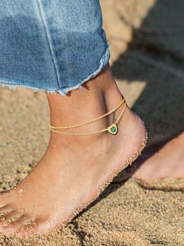 FindChic Bling Heart Birthstone Anklets Layered Beaded Ankle Bracelets for Women Gold/Black/Silver 12 Month Gem Colors Foot Chain Summer Jewelry for Girls, with Gift Box - color: Gold, style: 05. MayCreated Emerald