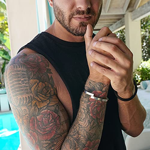 Silver Men's Cuff Bracelets, Black Magnetic Clasps Bangle Bracelet for Men,14K Gold Stainless Steel Metal Cool Antique Retro Open Bracelet for Father Dad Papa, 6.5"-8.0" Inner Circ. - color: 8.0" Inner Circ.&Silver