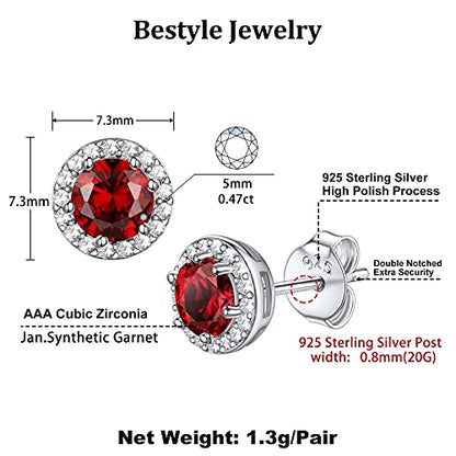 Bestyle Sparkling 925 Sterling Silver Birthstone Stud Earrings for Women, Heart/Round/Teardrop/Square Solitaire Diamond Studs Earrings, Great Birthday/Christmas Gifts - style: 01. Red Garnet-Jan-round