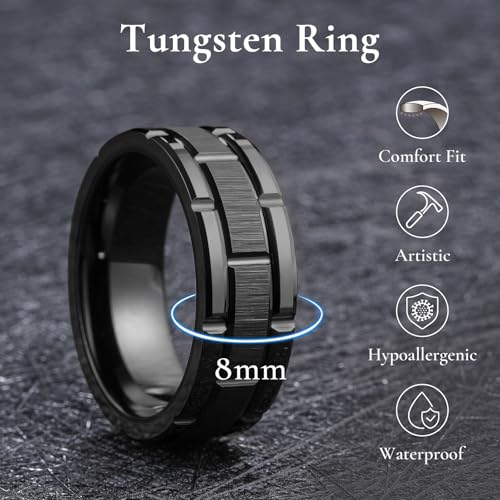 King Will Classic Mens 、Tungsten Carbide Rings Brick Pattern Groove Center | Silver/Black/Gold/Rose Gold, 8mm, Grooved, Comfort Fit, Brick pattern, Everyday Wear - color: A-Black