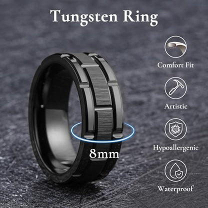 King Will Classic Mens 、Tungsten Carbide Rings Brick Pattern Groove Center | Silver/Black/Gold/Rose Gold, 8mm, Grooved, Comfort Fit, Brick pattern, Everyday Wear - color: A-Black