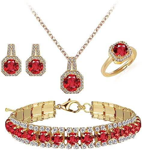 Paxuan 4pcs Cubic Zirconia Wedding Jewelry Sets for Bride Bridesmaid Cubic Zirconia Pendant Necklace Earrings Link Tennis Bracelet Open Ring Set for Women - color: Gold Plated Red Cubic Zirconia