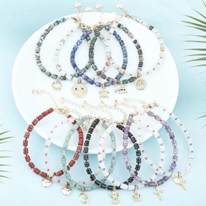 Natural Gemstone Healing Crystal Dainty Charms Bracelet Adjustable Chain Extender Minimalist Jewelry - color: Red Jasper + Heart