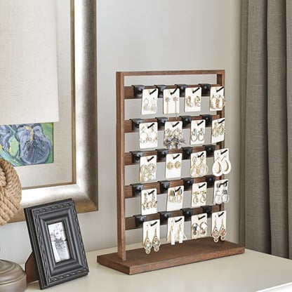 Ikee Design 5 Tiers Free Assemble Wooden Jewelry Display Rack with 20 Removable Metal Hooks,Earring Card Display Stand,Jewelry Organizer,Bracelet Organizer,Keychain Display Stand,Brown Color | Wooden 5 Tiers Jewelry Display Rack with Hooks: Comes with 20