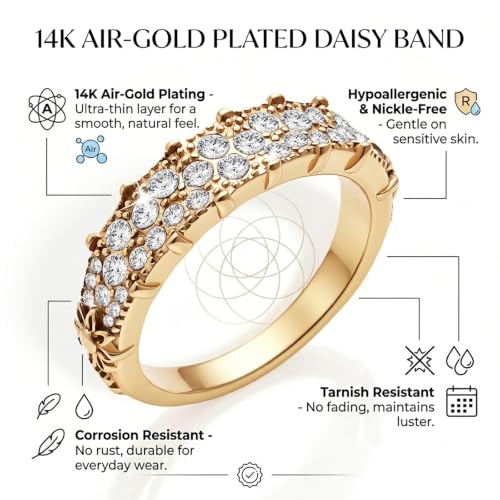 14K Non Tarnish Gold Rings for Women 34 Rhinestones Daisy Accents Stackable Stacking Gold Plated Womens Wedding Rings - color: Gold