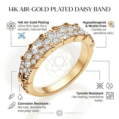 14K Non Tarnish Gold Rings for Women 34 Rhinestones Daisy Accents Stackable Stacking Gold Plated Womens Wedding Rings - color: Gold