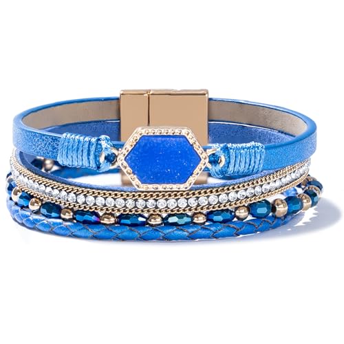 FANCY SHINY Crystal Beaded Leather Wrap Bracelet Stackable Boho Jewelry for Women Resin Stone Bangle Cuff with Magnetic Clasp - color: Blue